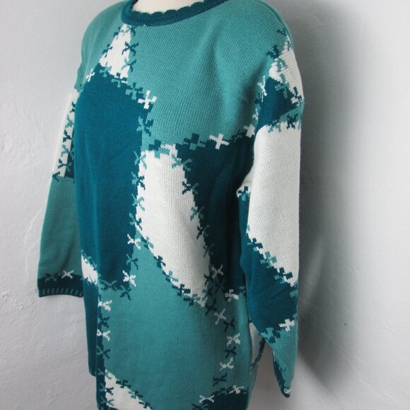 VINTAGE 90's Forenza Sweater Women's L Oversized Fit Green Teal Geometric - Picture 2 of 6